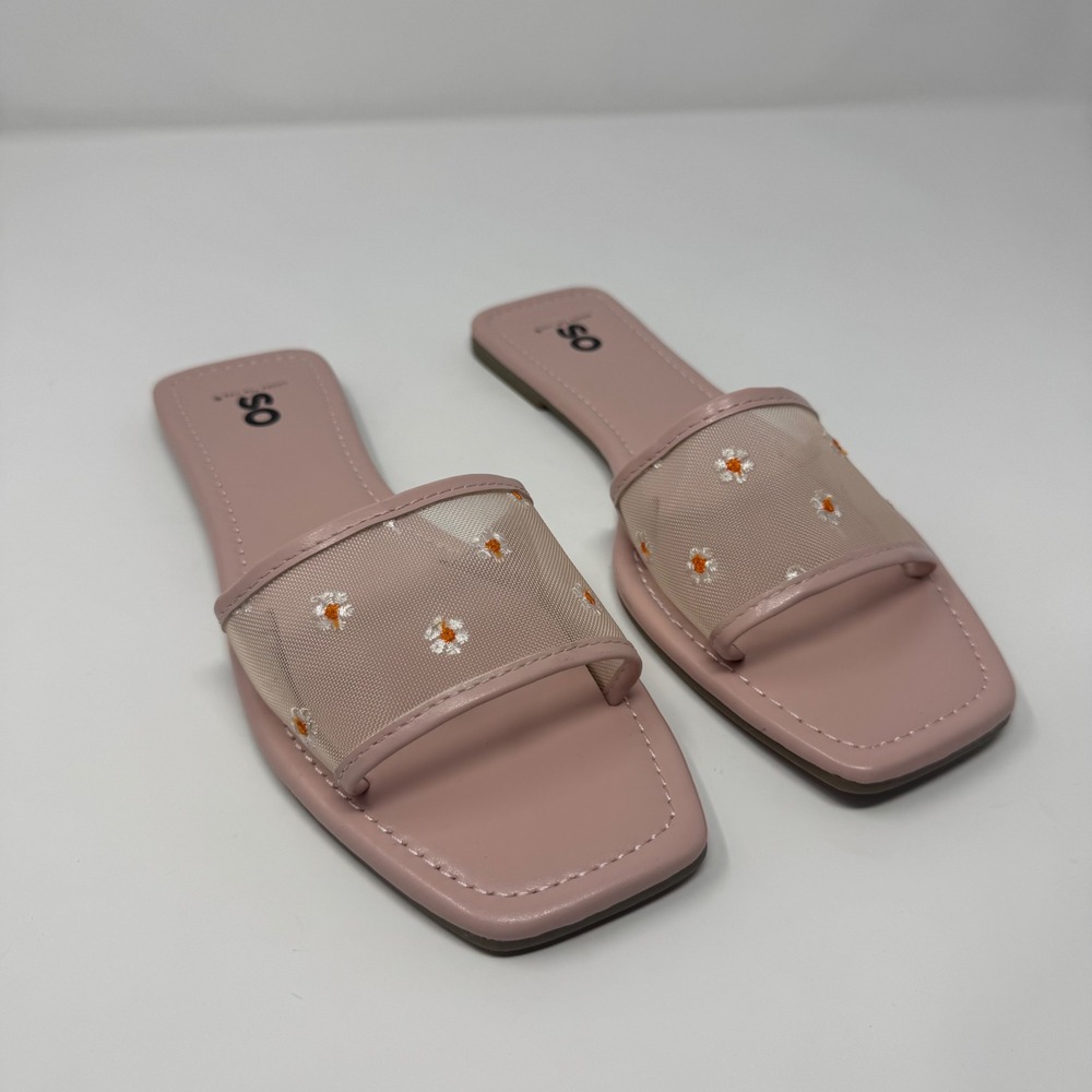 SO Women's Sandals Size 8 Slides Mesh Floral Pink See Through Open Toe‎ Square